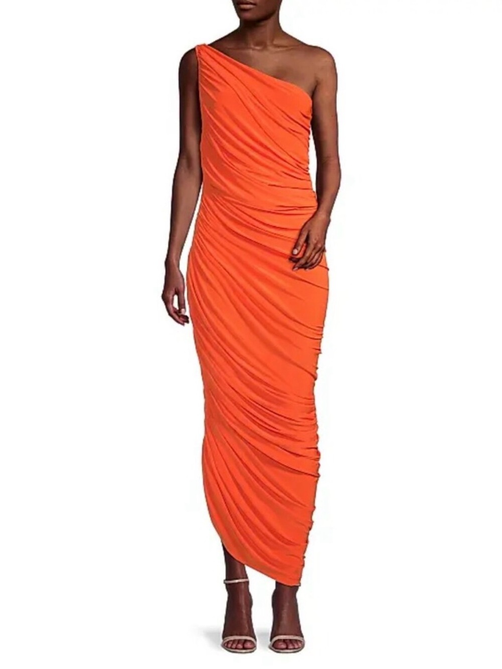 Norma Kamali Diana Ruched One-Shoulder Gown XXS Blood Orange Cocktail Party Chic